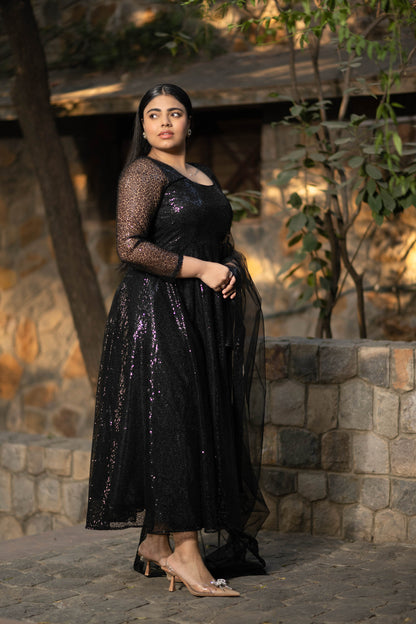 Women's Plus Size Black Sequin Anarkali Set