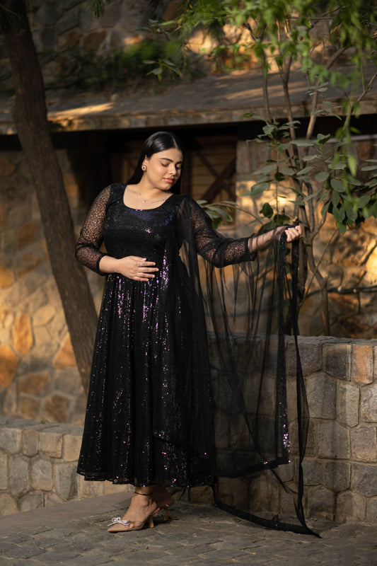 Women's Plus Size Black Sequin Anarkali Set