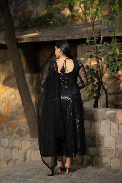 Women's Plus Size Black Sequin Anarkali Set