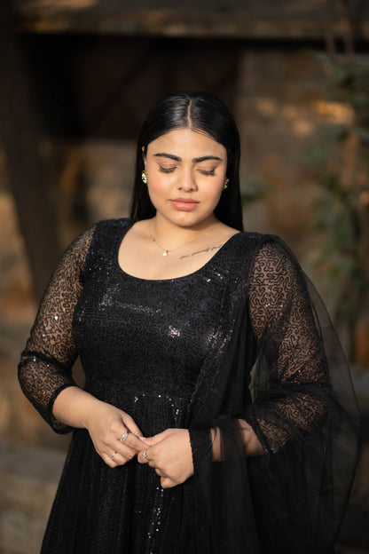 Women's Plus Size Black Sequin Anarkali Set