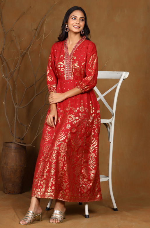 Women's Maroon Rayon Printed Anarkali