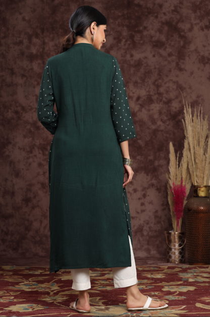Women's Bottelgreen Rayon Slub Embellished Straight Kurta