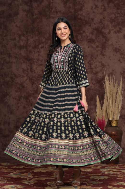 Women's Darkblue Rayon Embroidered Flared Dress