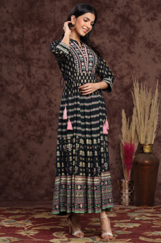 Women's Darkblue Rayon Embroidered Flared Dress
