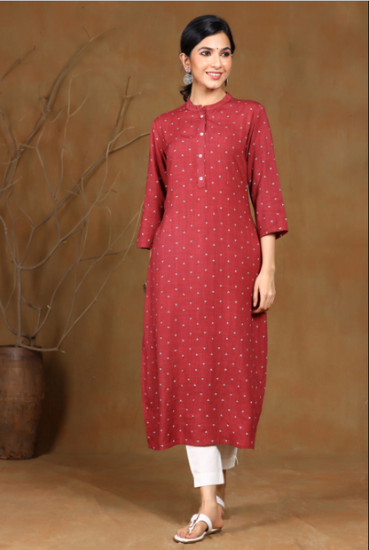 Women's Rayon Slub Embellished Straight Kurta