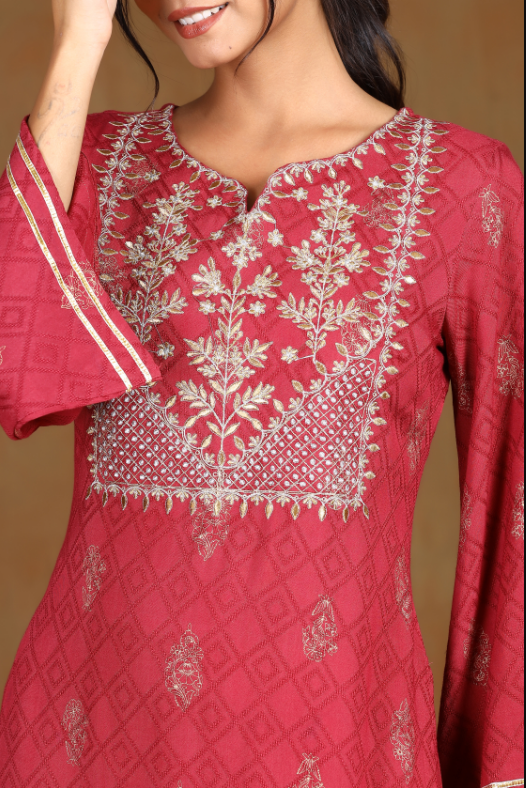 Women's Wine Rayon Embroidered Straight Kurta