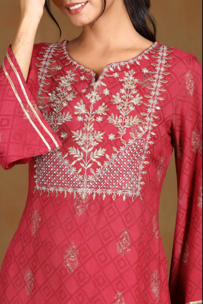 Women's Wine Rayon Embroidered Straight Kurta