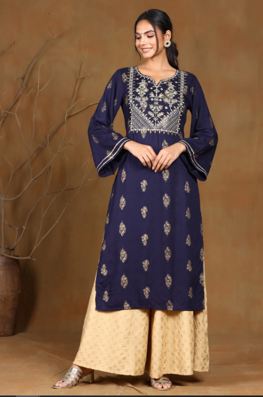 Women's Navyblue Rayon Embroidered Straight Kurta
