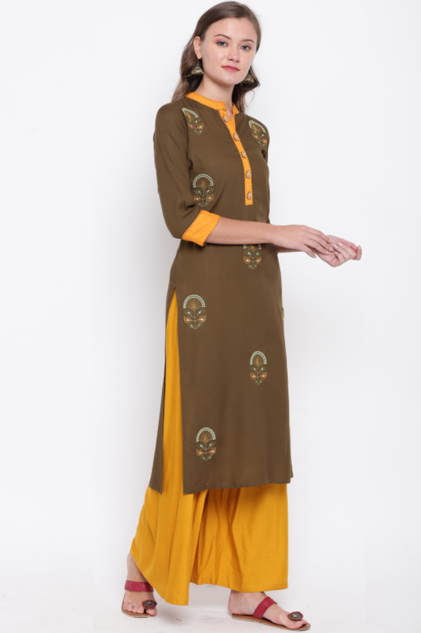 Women's Embroidered Straight Rayon Mehendi Green Kurta (1Pc)