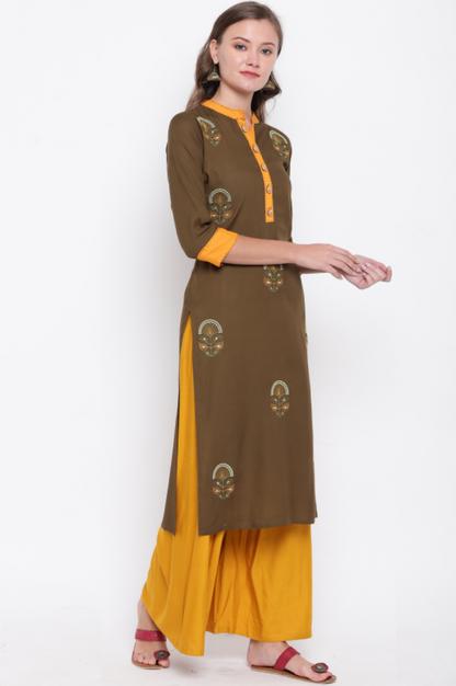 Women's Embroidered Straight Rayon Mehendi Green Kurta (1Pc)