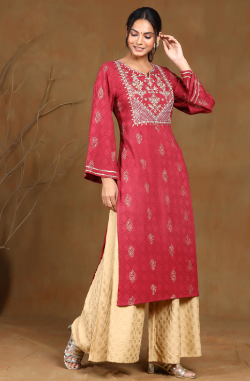 Women's Wine Rayon Embroidered Straight Kurta