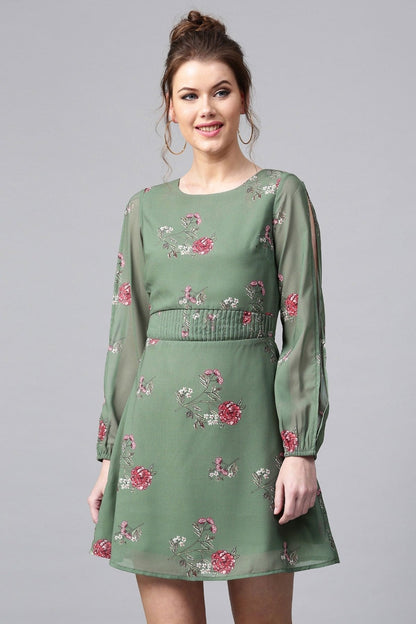 Women's Green Floral Skater Dress