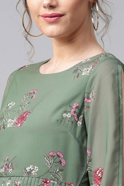 Women's Green Floral Skater Dress