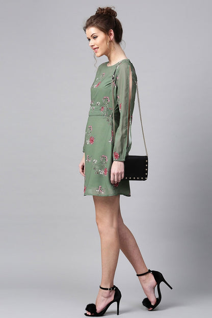 Women's Green Floral Skater Dress