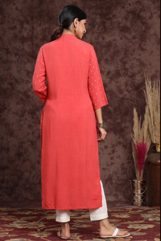 Women's Rayon Slub Embellished Straight Kurta