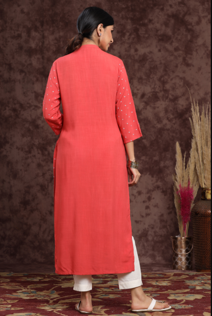 Women's Rayon Slub Embellished Straight Kurta
