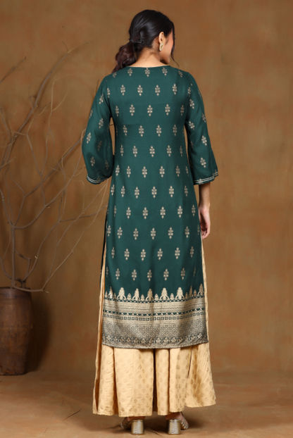 Women's Jadegreen Rayon Moss Printed Straight Kurta
