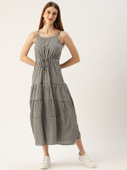 Women's Black&White Color Rayon Ckecked A-Line Layered Dress