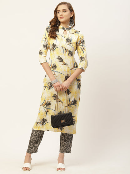 Women's Yellow Color Rayon Blend Straight Foil Printed Kurta Palazzo Set