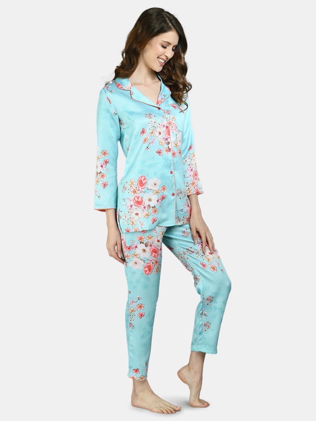 Women Sky Blue Printed Night Suit by Myshka (