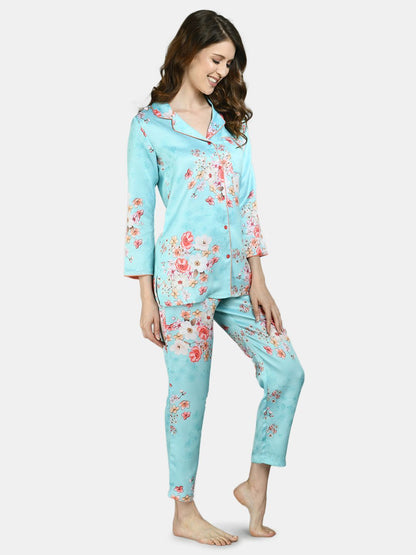 Women Sky Blue Printed Night Suit by Myshka (