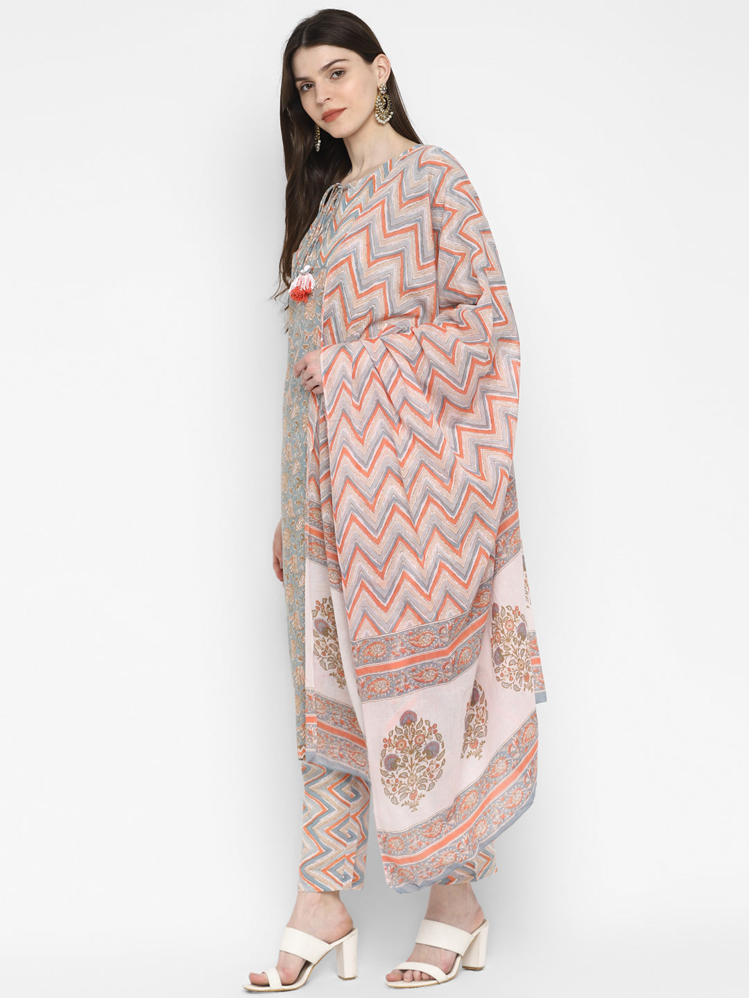 Women's Grey Cotton Kurta With Pant & Dupatta By Vbuyz (3