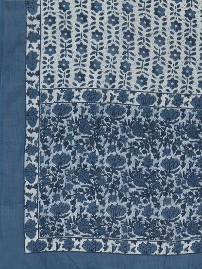 Women's Print & Embroidered Straight Cotton Blue Stitched Kurta Pant With Dupatta