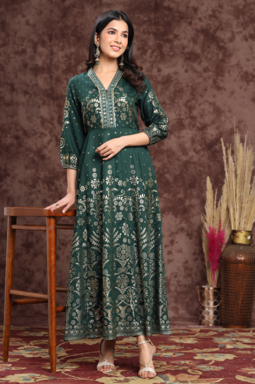 Women's Jadegreen Rayon Printed Anarkali Dress