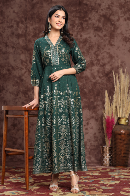 Women's Jadegreen Rayon Printed Anarkali Dress