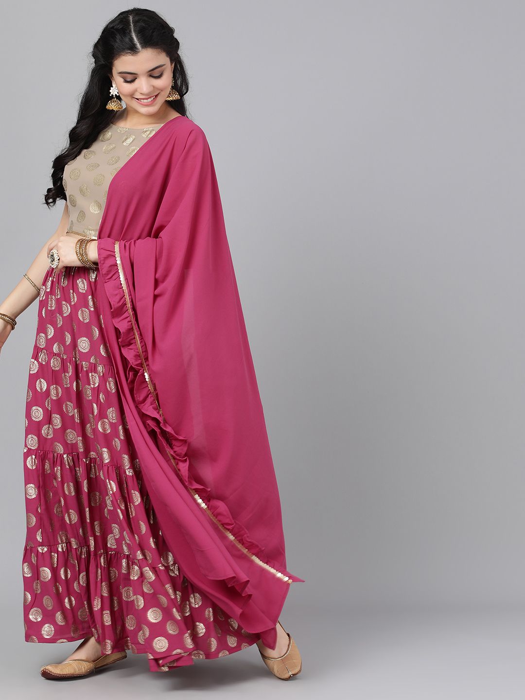 Women's Magenta & Gold Lehanga Choli And Dupatta With Ruffled