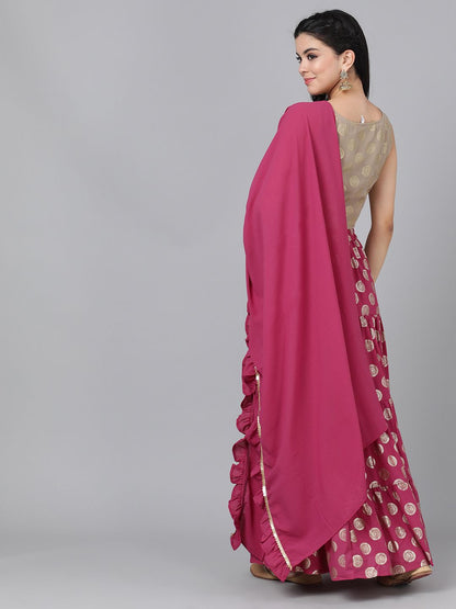 Women's Magenta & Gold Lehanga Choli And Dupatta With Ruffled