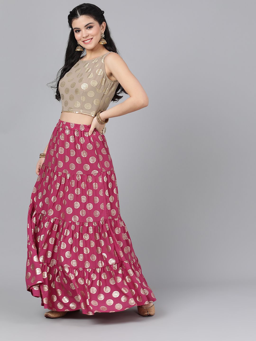 Women's Magenta & Gold Lehanga Choli And Dupatta With Ruffled