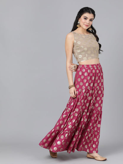 Women's Magenta & Gold Lehanga Choli And Dupatta With Ruffled