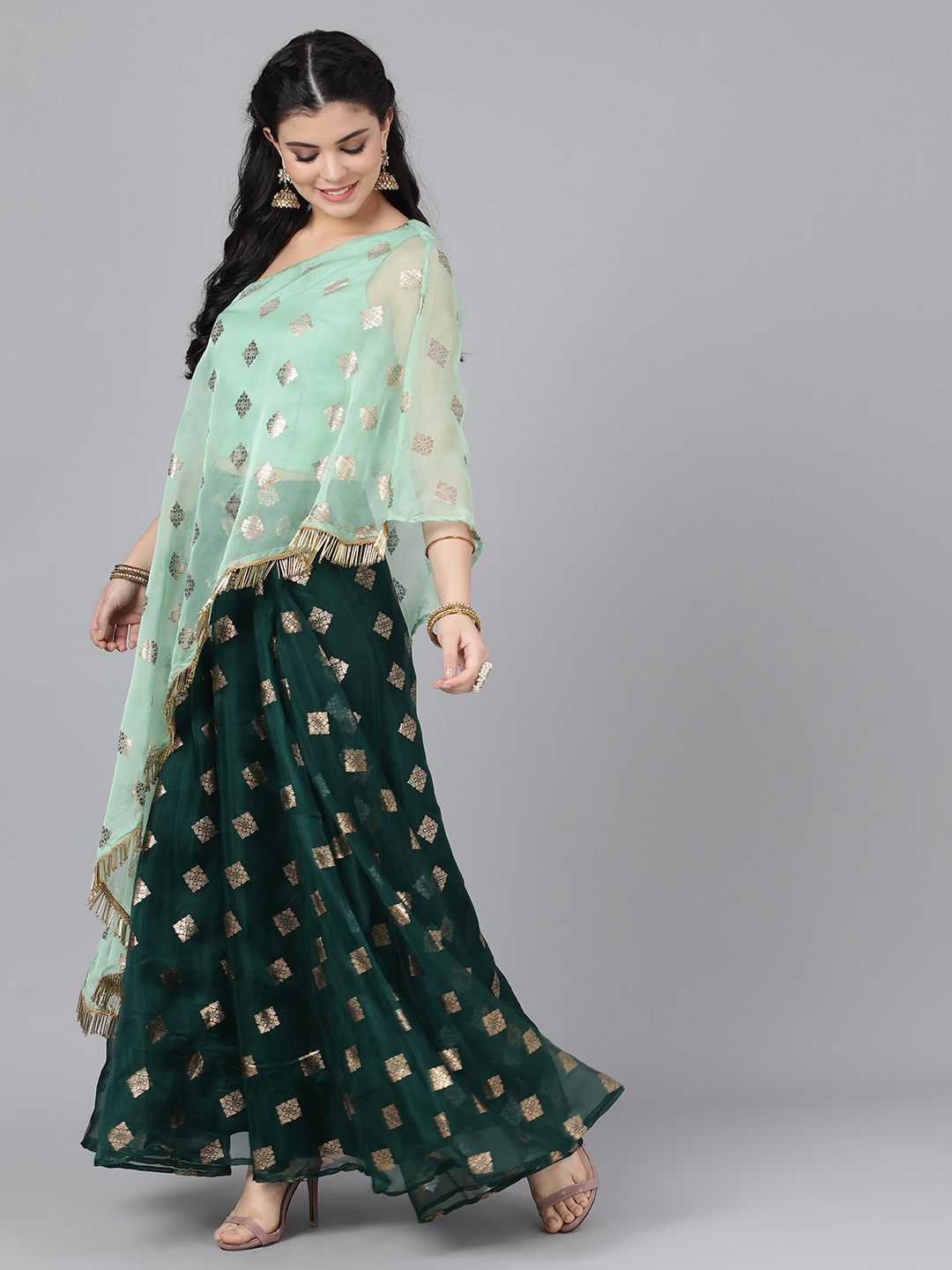 Women's Mint And Dark Green Foil Print Organza Lehenga