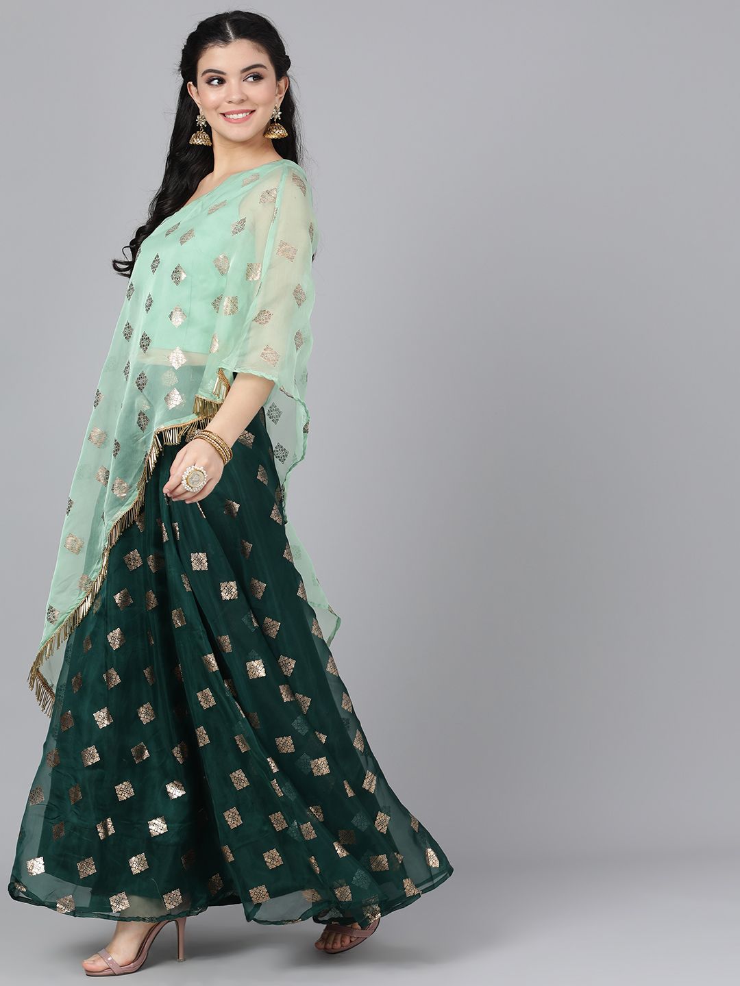 Women's Mint And Dark Green Foil Print Organza Lehenga