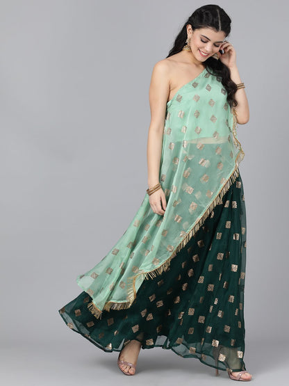 Women's Mint And Dark Green Foil Print Organza Lehenga
