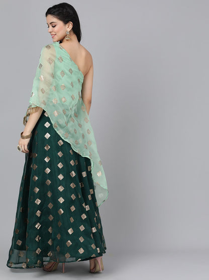 Women's Mint And Dark Green Foil Print Organza Lehenga