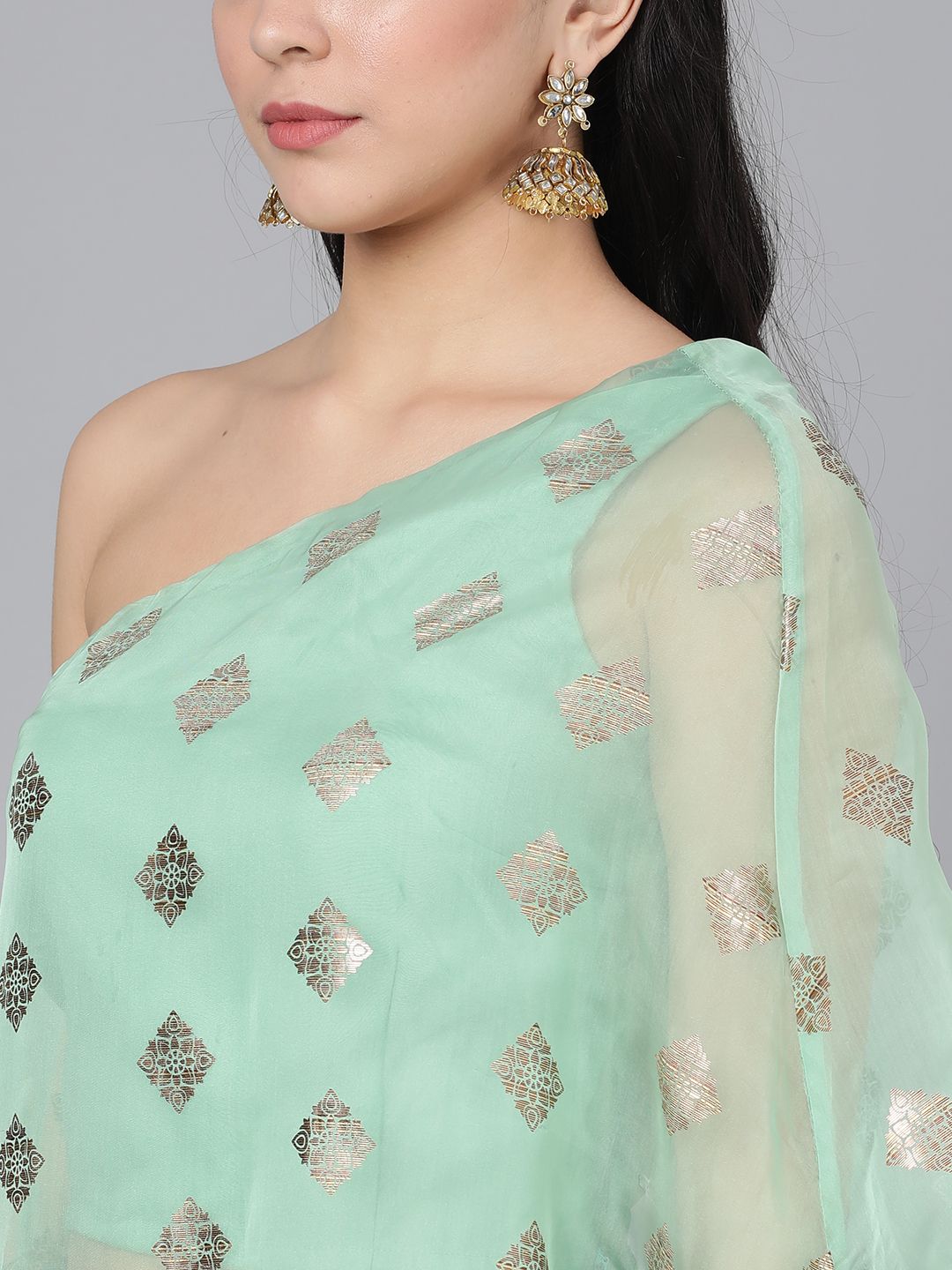 Women's Mint And Dark Green Foil Print Organza Lehenga