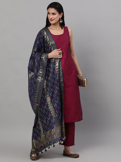 Women's  Magenta Solid Kurta with Trousers & Dupatta