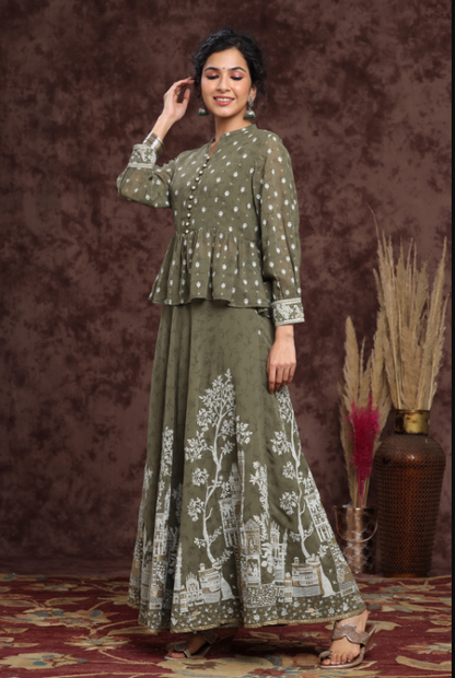 Women's Olive Georgette Printed Lehenga Choli
