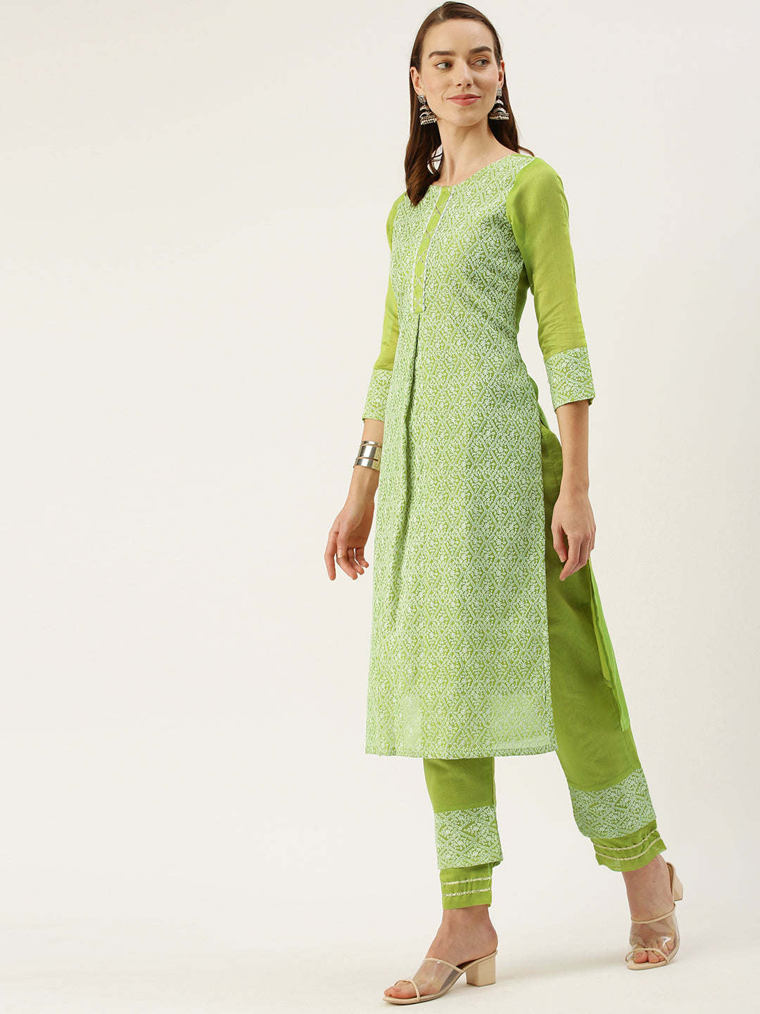 Women's Green Color Chanderi Silk Straight Embroidered Kurta Pant With Dupatta