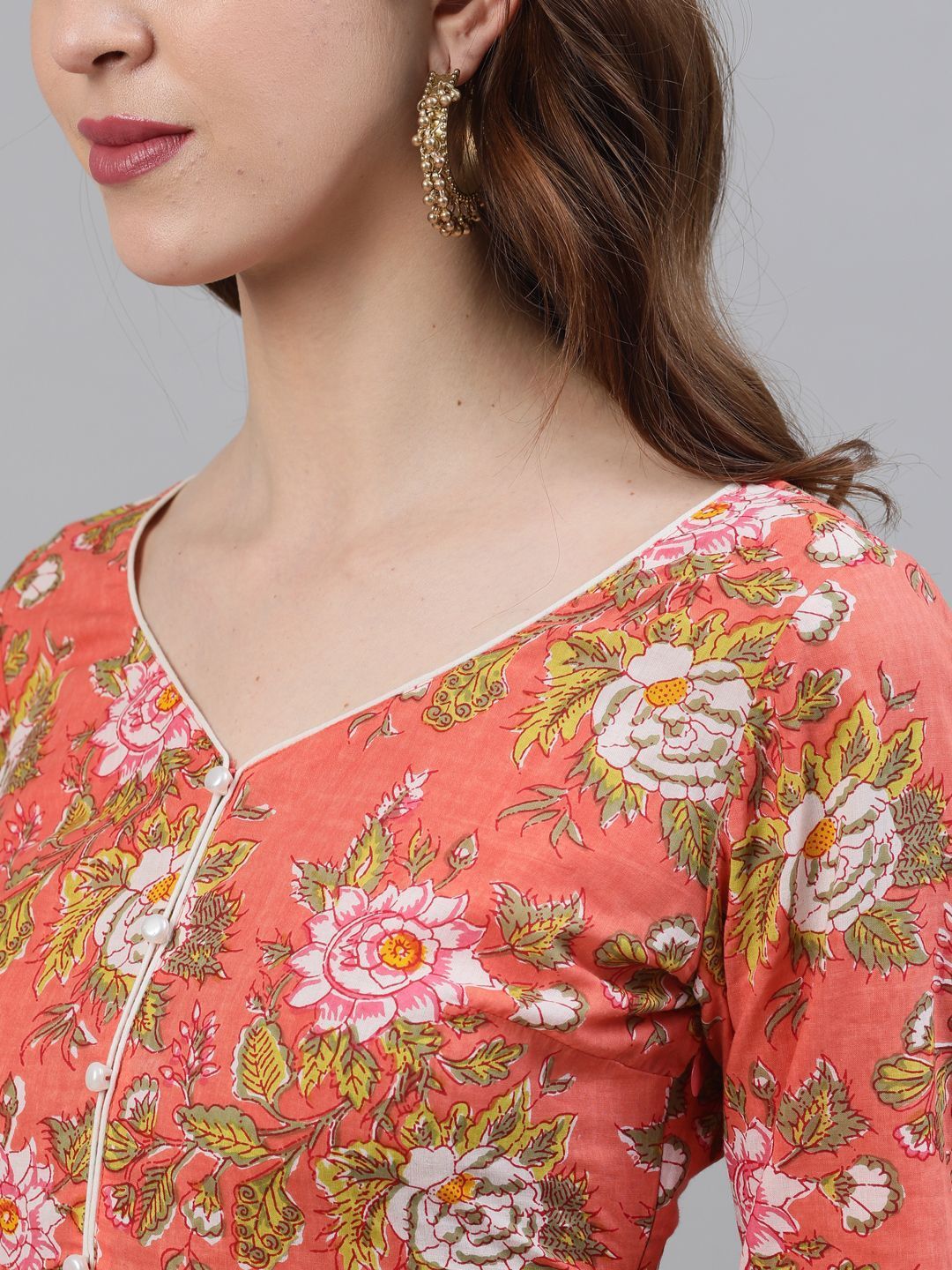 Women's Peach Floral Printed Anarkali With Gotta Patti work Dupatta
