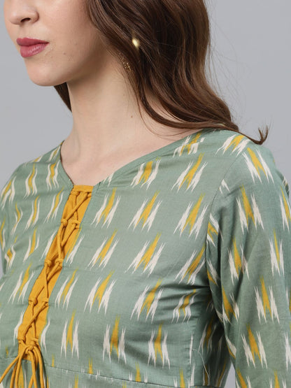 Women's Green Ikat Printed Straight Kurta