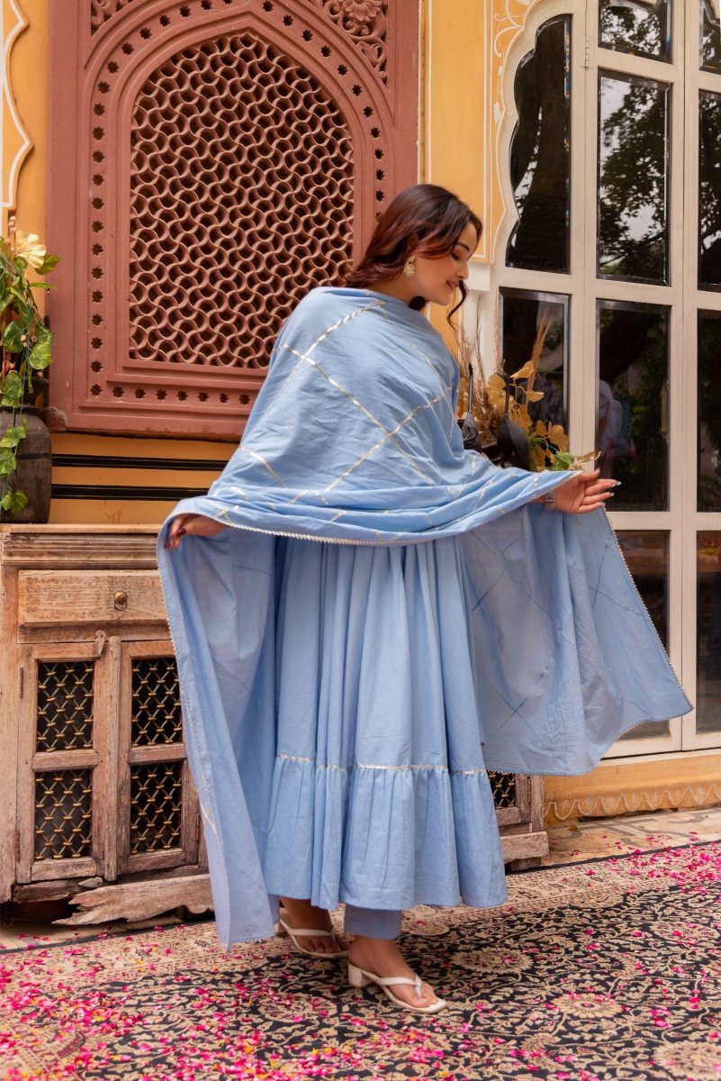 Women's Suhnari Powder Blue Cotton Tiered Anarkali Set With Cotton Gota Patti Dupatta