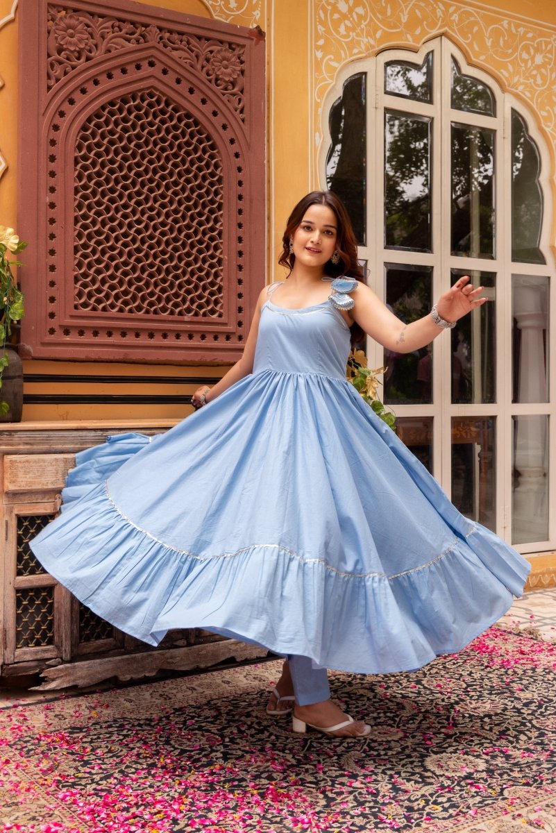 Women's Suhnari Powder Blue Cotton Tiered Anarkali Set With Cotton Gota Patti Dupatta