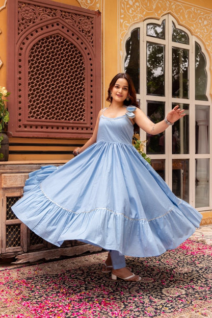 Women's Suhnari Powder Blue Cotton Tiered Anarkali Set With Cotton Gota Patti Dupatta