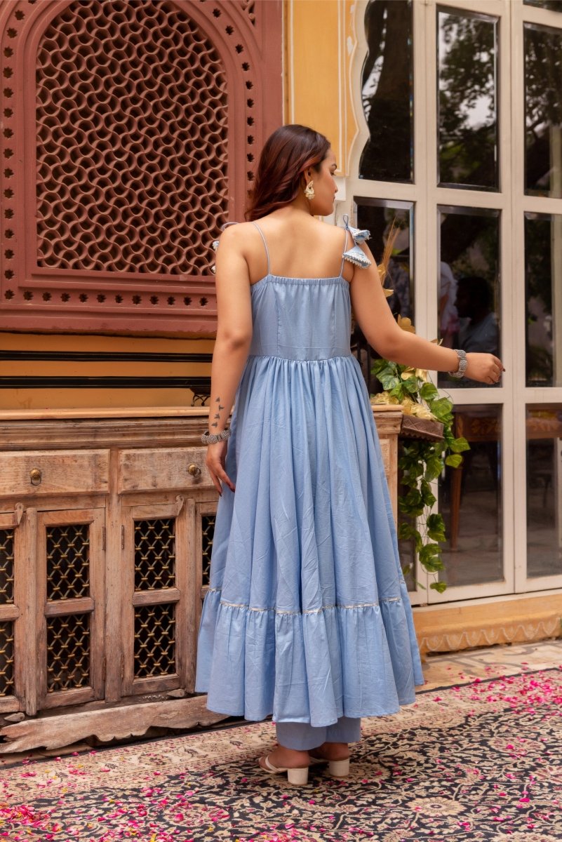 Women's Suhnari Powder Blue Cotton Tiered Anarkali Set With Cotton Gota Patti Dupatta