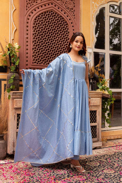 Women's Suhnari Powder Blue Cotton Tiered Anarkali Set With Cotton Gota Patti Dupatta