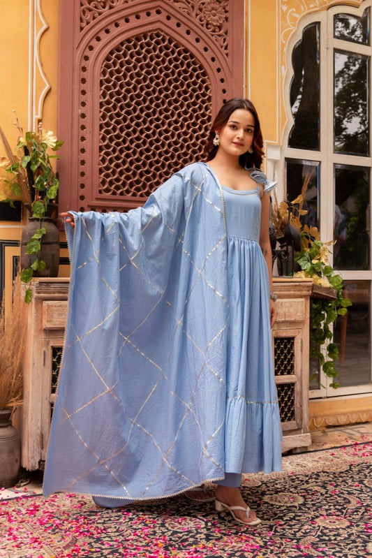 Women's Suhnari Powder Blue Cotton Tiered Anarkali Set With Cotton Gota Patti Dupatta