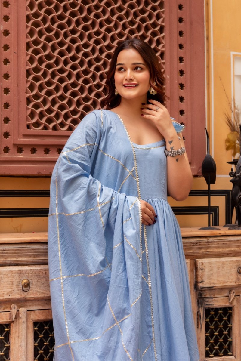 Women's Suhnari Powder Blue Cotton Tiered Anarkali Set With Cotton Gota Patti Dupatta